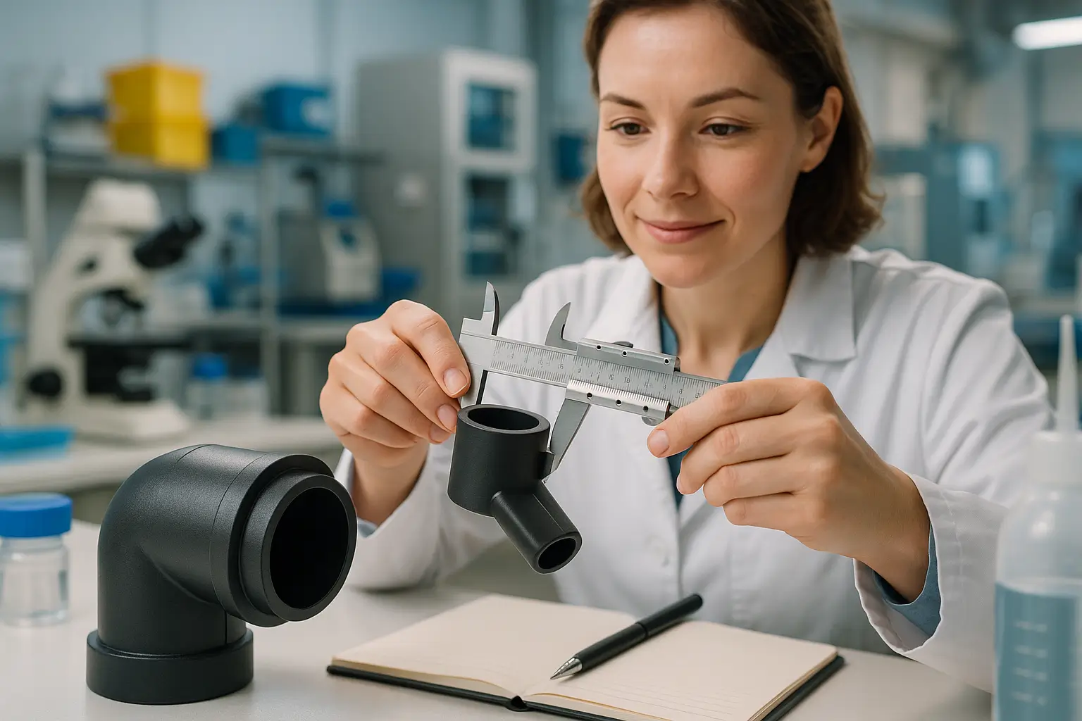 женщина измеряет пластиковую деталь штангенциркулем в лаборатории