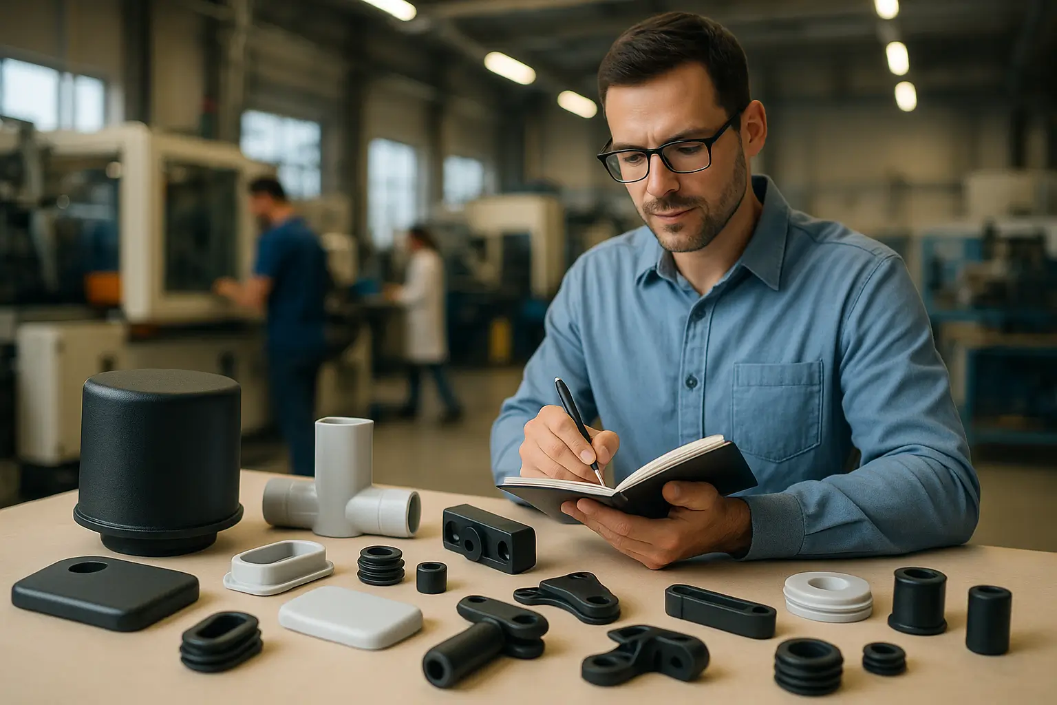 инженер записывает результаты проверки пластиковых изделий