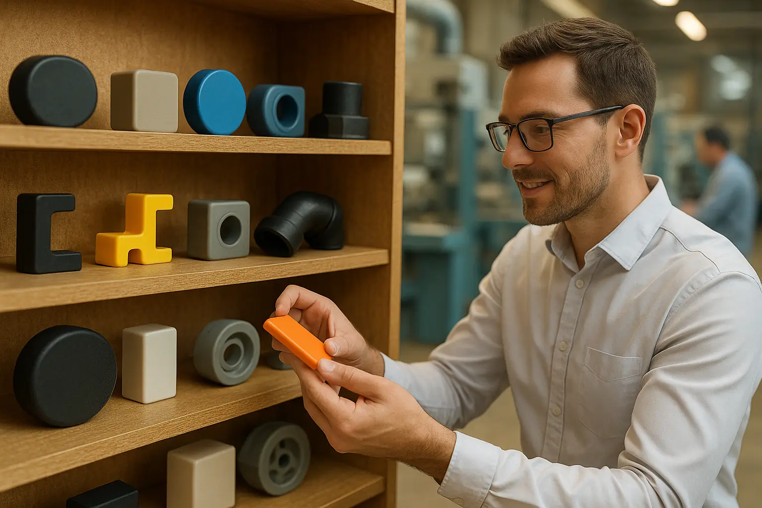 инженер выбирает пластиковые детали на стеллаже