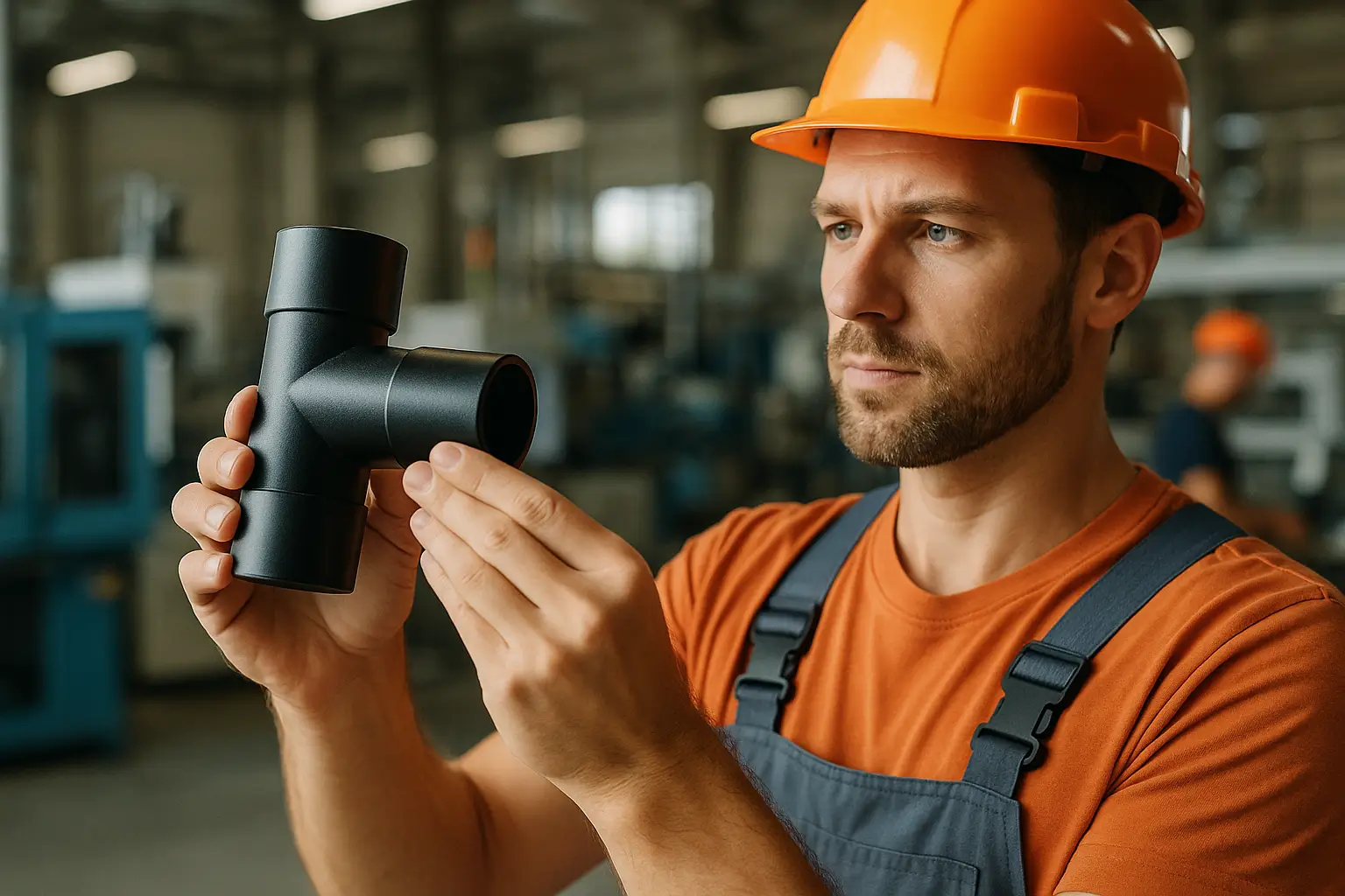 рабочий проверяет пластиковое соединение труб на свету