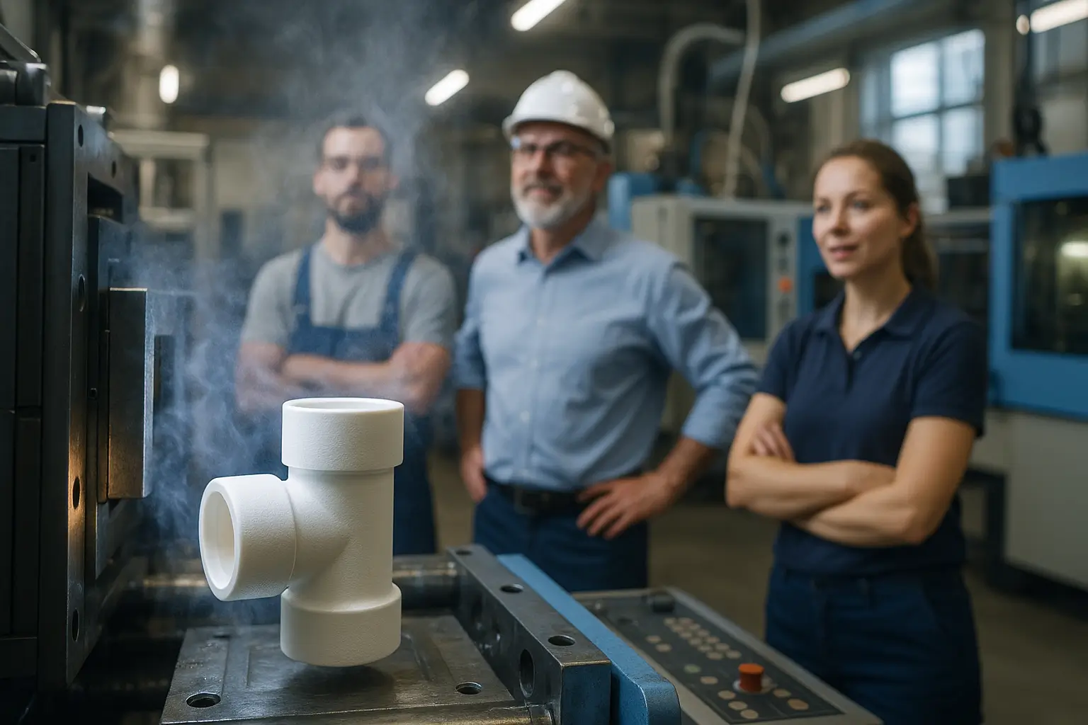 рабочие наблюдают процесс литья пластика на заводе