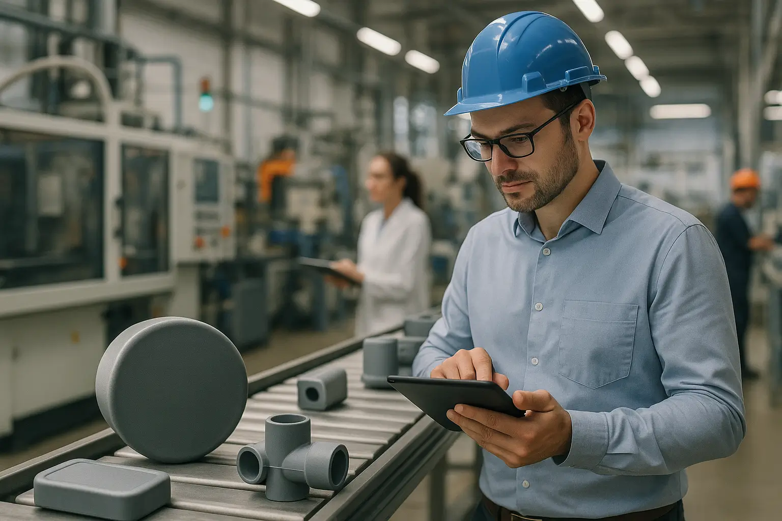 инженер с планшетом проверяет линию сборки пластиковых изделий