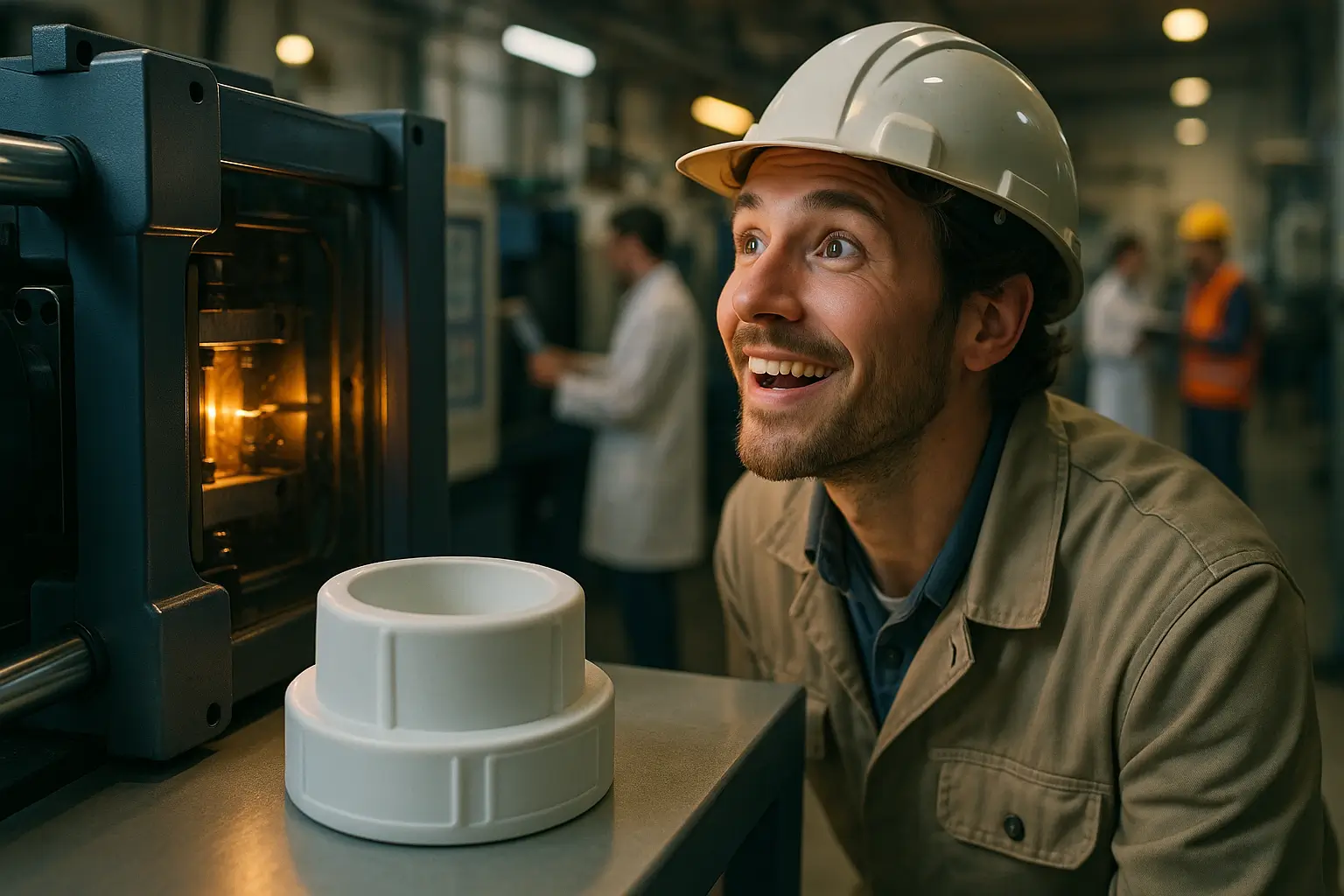 оператор вдохновенно наблюдает процесс формования пластика