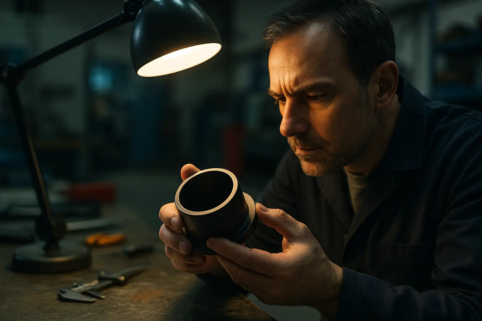 инженер изучает пластиковую деталь под лампой на производстве