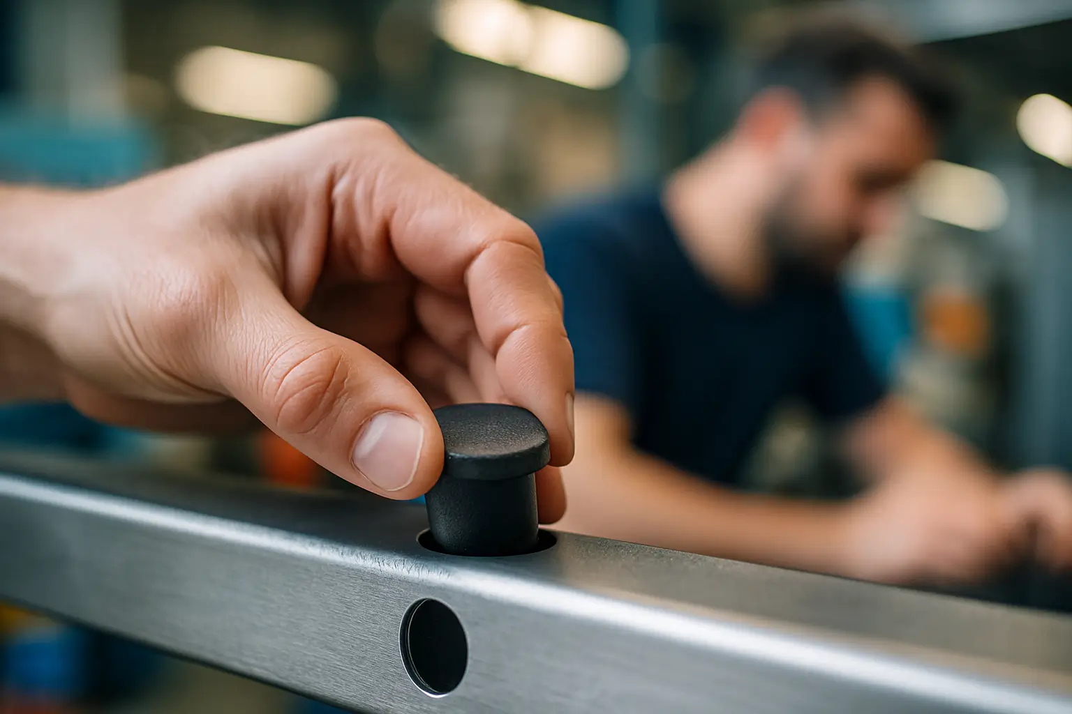 рука вставляет пластиковую заглушку в металлическое отверстие