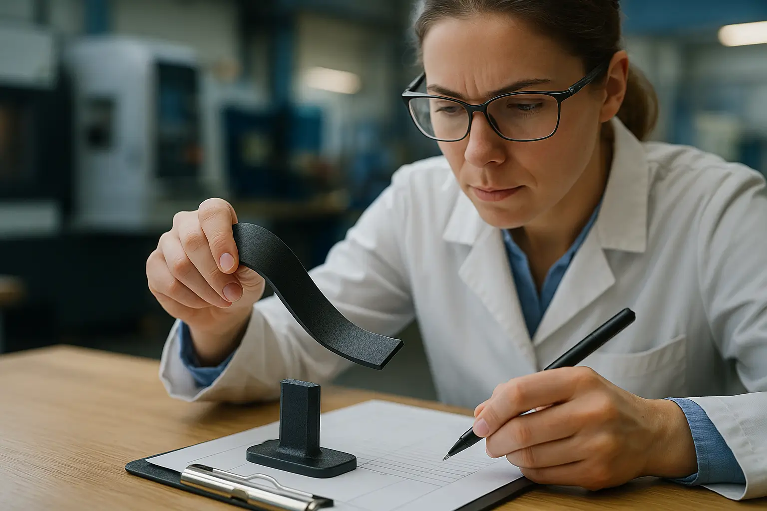 лаборант проверяет гибкость пластика в лаборатории