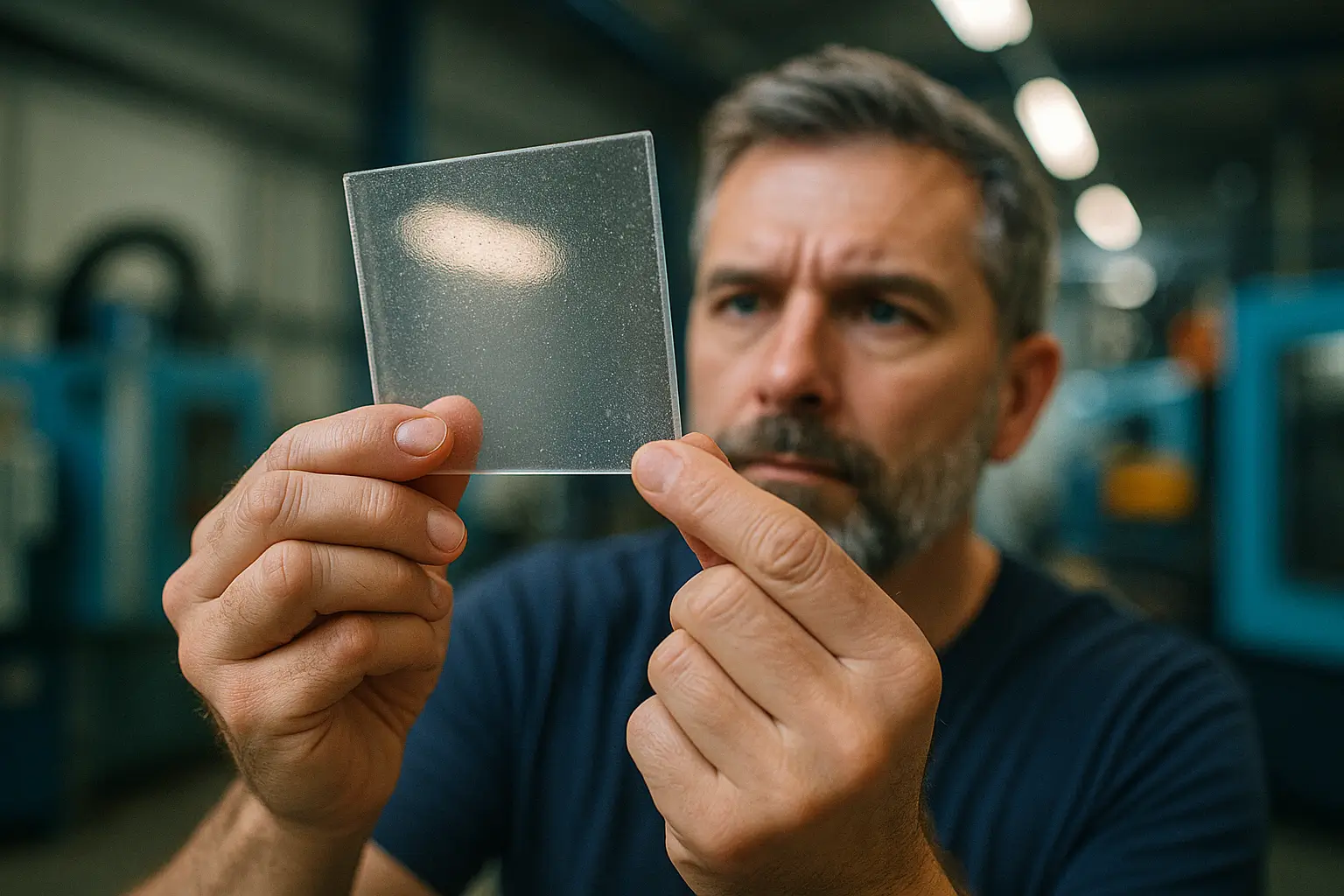 рабочий проверяет прозрачный пластиковый образец на свет