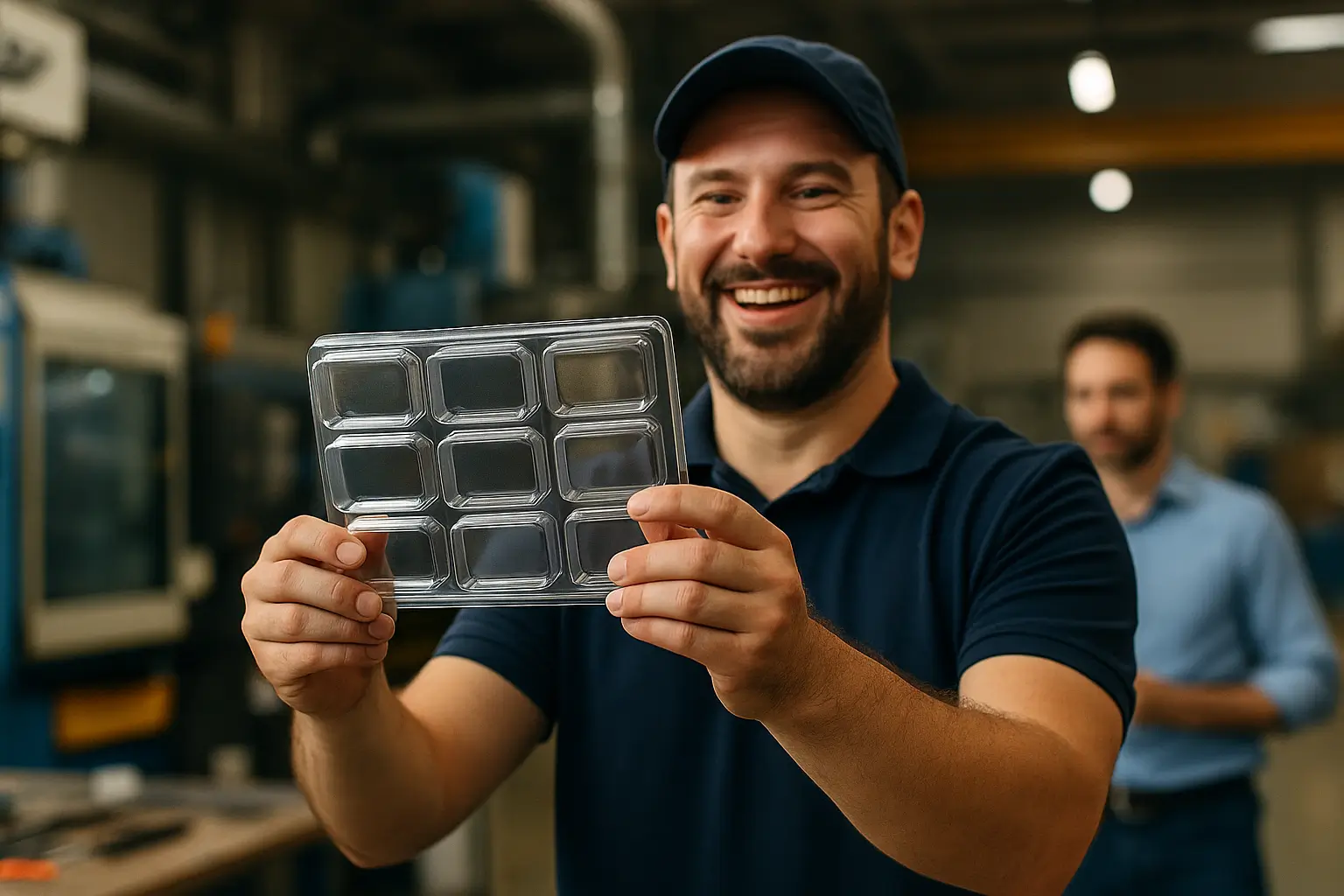 рабочий держит готовое пластиковое изделие с гордостью