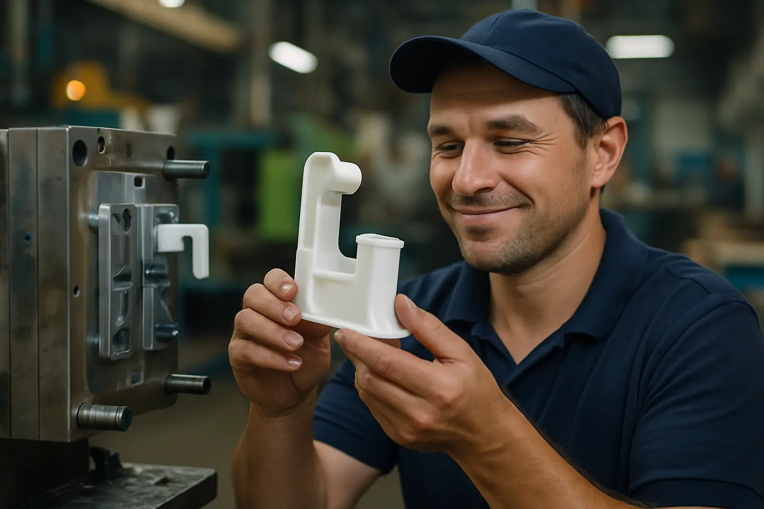 рабочий достаёт свежую пластиковую деталь из формы