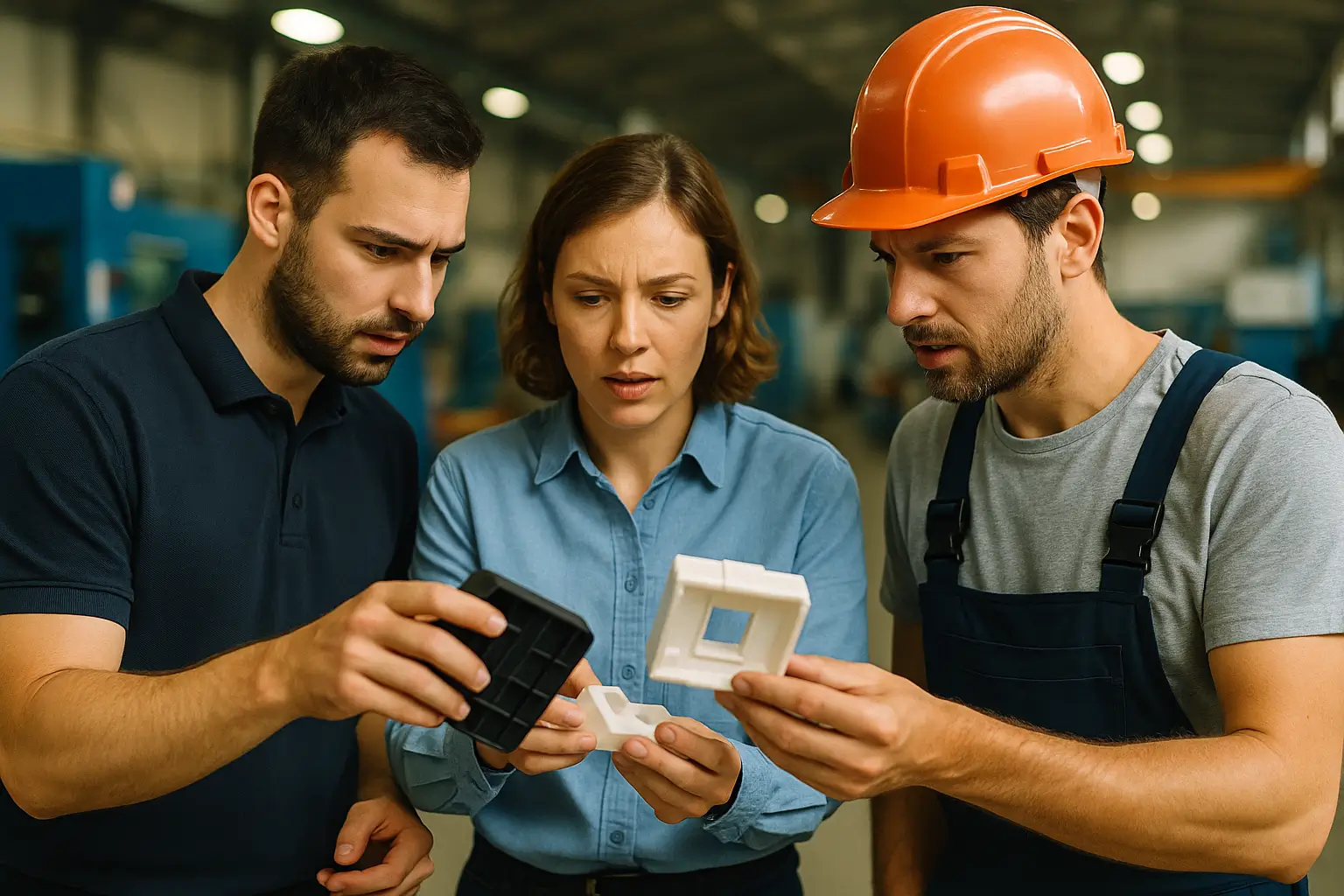 рабочие обсуждают новую форму пресс формы с образцами пластика